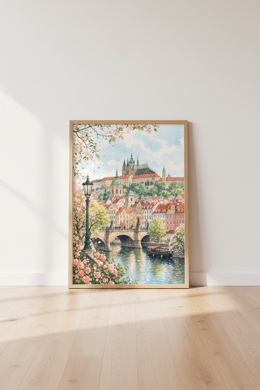 Prague Cityscape Watercolor Wall Art | European Travel Decor | Pastel Spring Poster