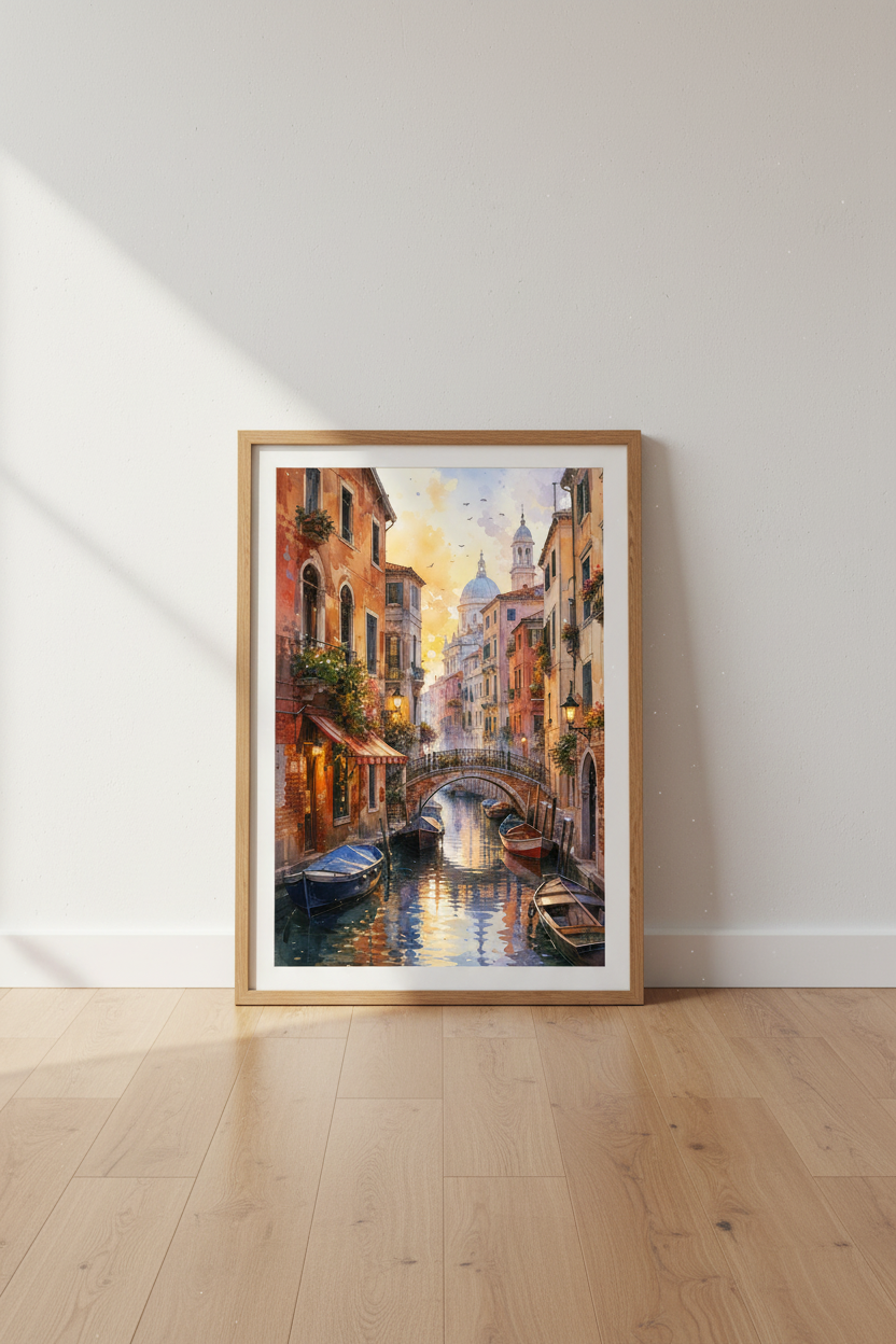 Venice Canal Watercolor Art | Italy Landscape Print | Warm Golden Hour Poster