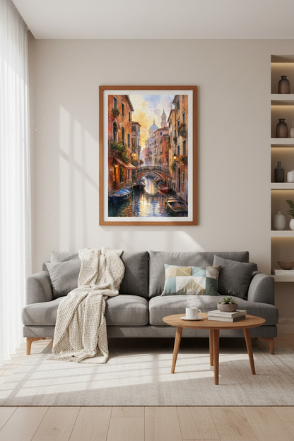 Venice Canal Watercolor Art | Italy Landscape Print | Warm Golden Hour Poster