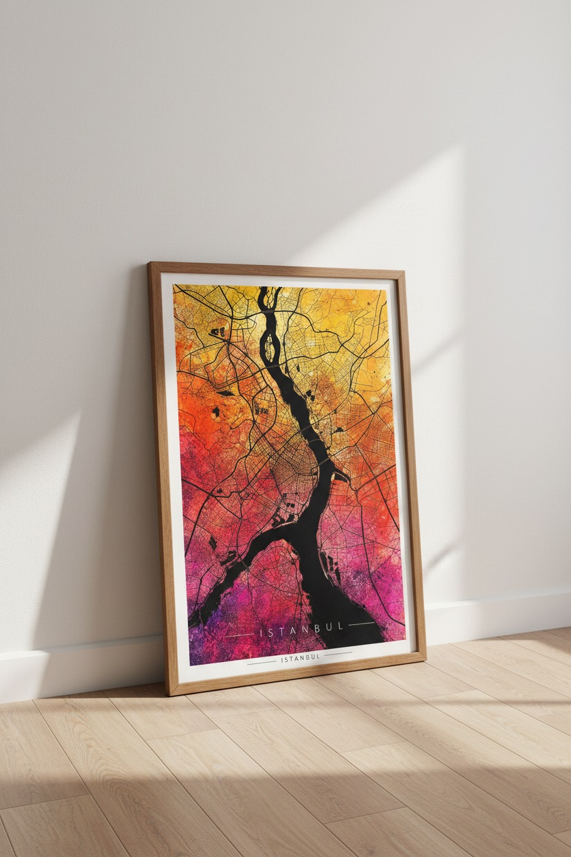 Istanbul City Map Wall Art | Orange Watercolor Decor | Abstract Travel Poster