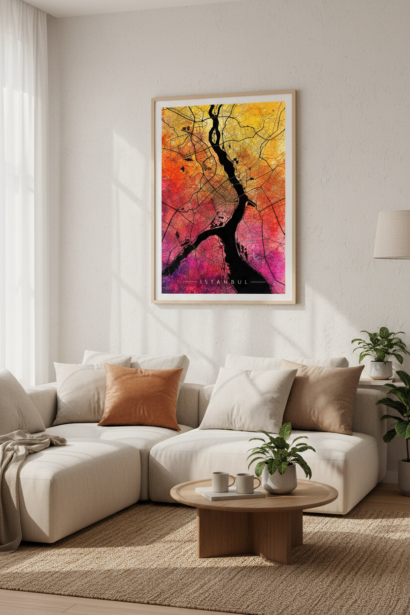 Istanbul City Map Wall Art | Orange Watercolor Decor | Abstract Travel Poster