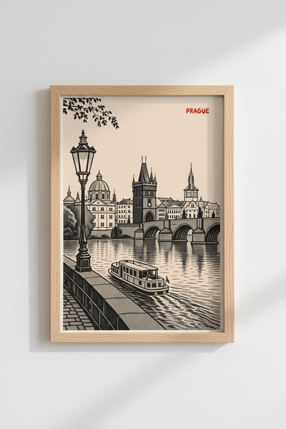 Prague wall art | Inkline cityscape, monochrome poster for living room