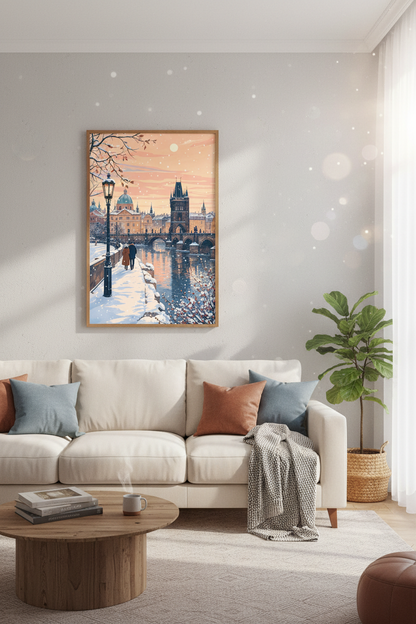 Prague Winter Cityscape | Romantic Snowy Bridge Art, Living Room Decor