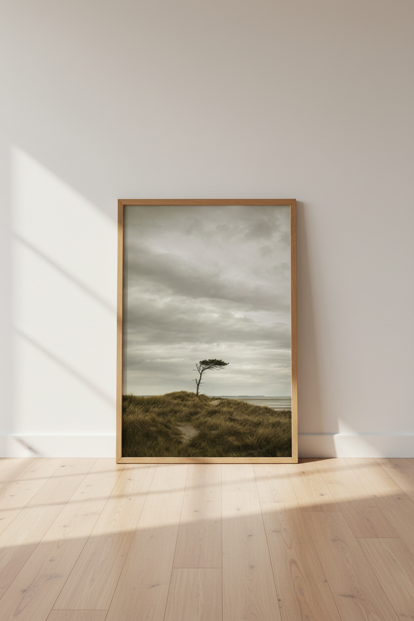 Lone Tree Coastal Landscape Print | Moody Earth Tone Decor | Minimalist Nature Poster
