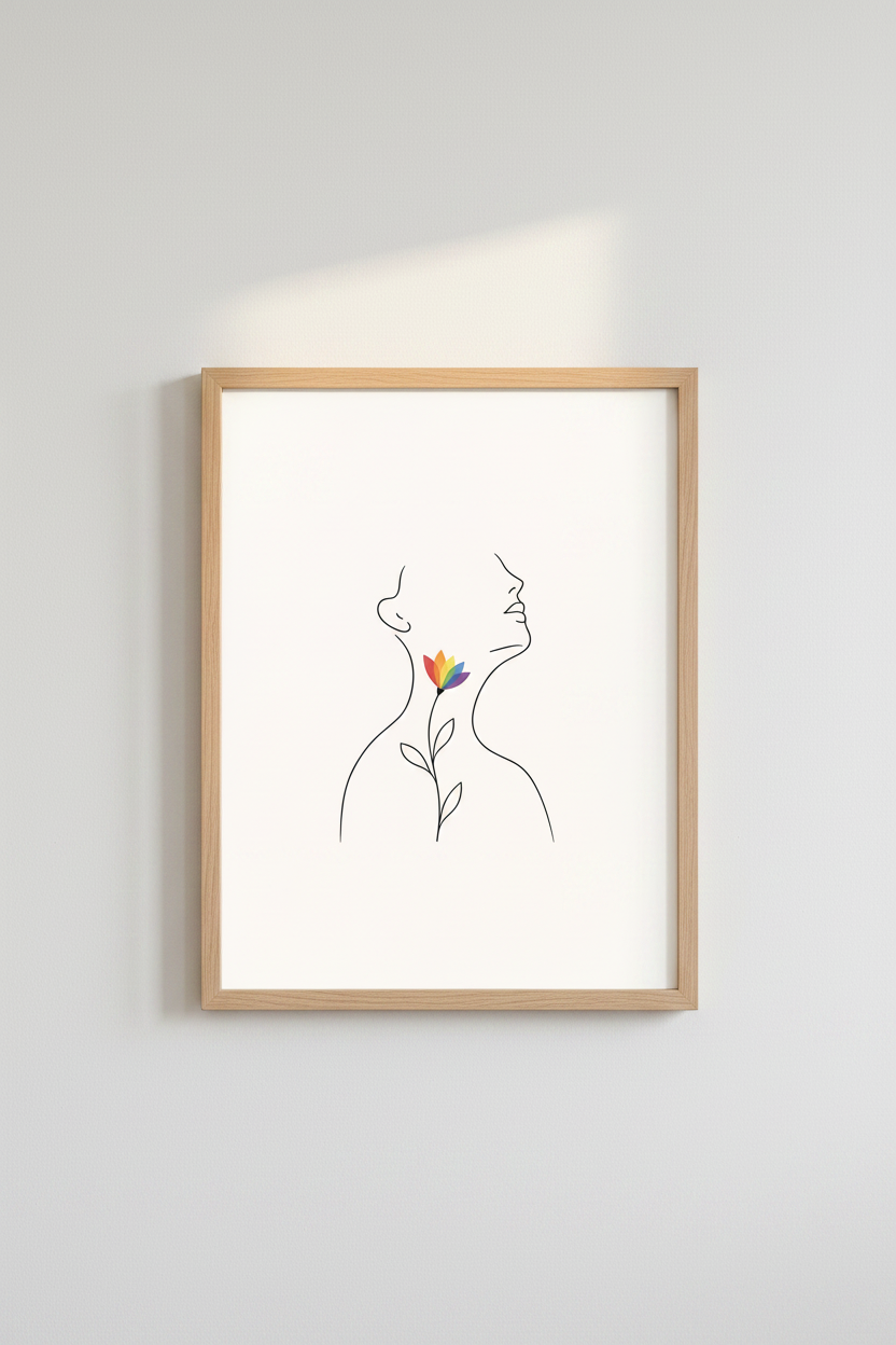 Minimalist Woman Profile Line Art | Rainbow Floral Print, Pride Bedroom Decor