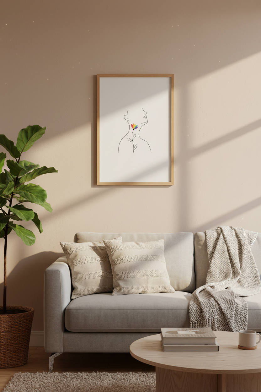 Minimalist Woman Profile Line Art | Rainbow Floral Print, Pride Bedroom Decor
