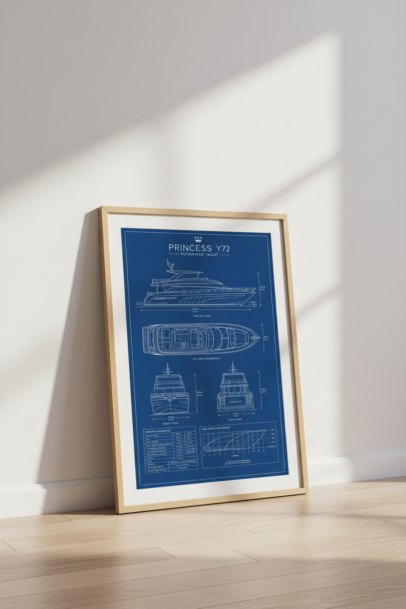 Princess Y72 Yacht Blueprint | Navy Blue Nautical Poster, Office Wall Art