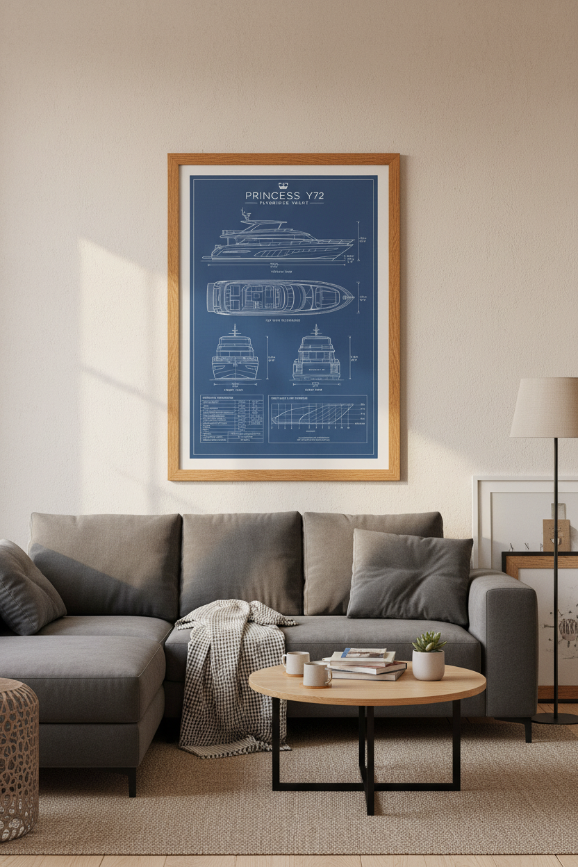 Princess Y72 Yacht Blueprint | Navy Blue Nautical Poster, Office Wall Art
