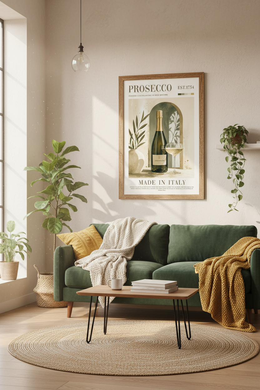 Prosecco Italian Wine Wall Art | Neutral Beige &amp; Green Decor | Minimalist Poster