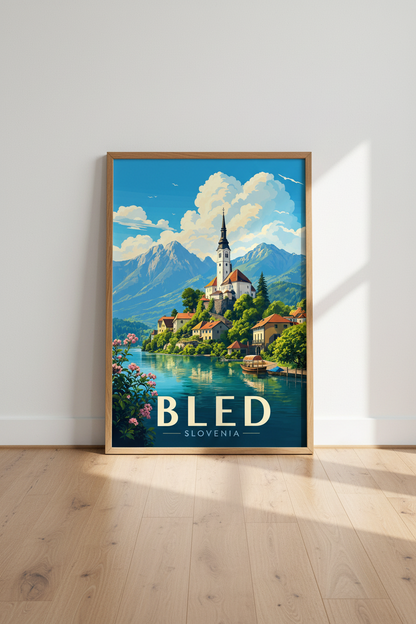 Lake Bled Slovenia Travel Poster | Alpine Landscape Print | Modern Scenic Wall Art