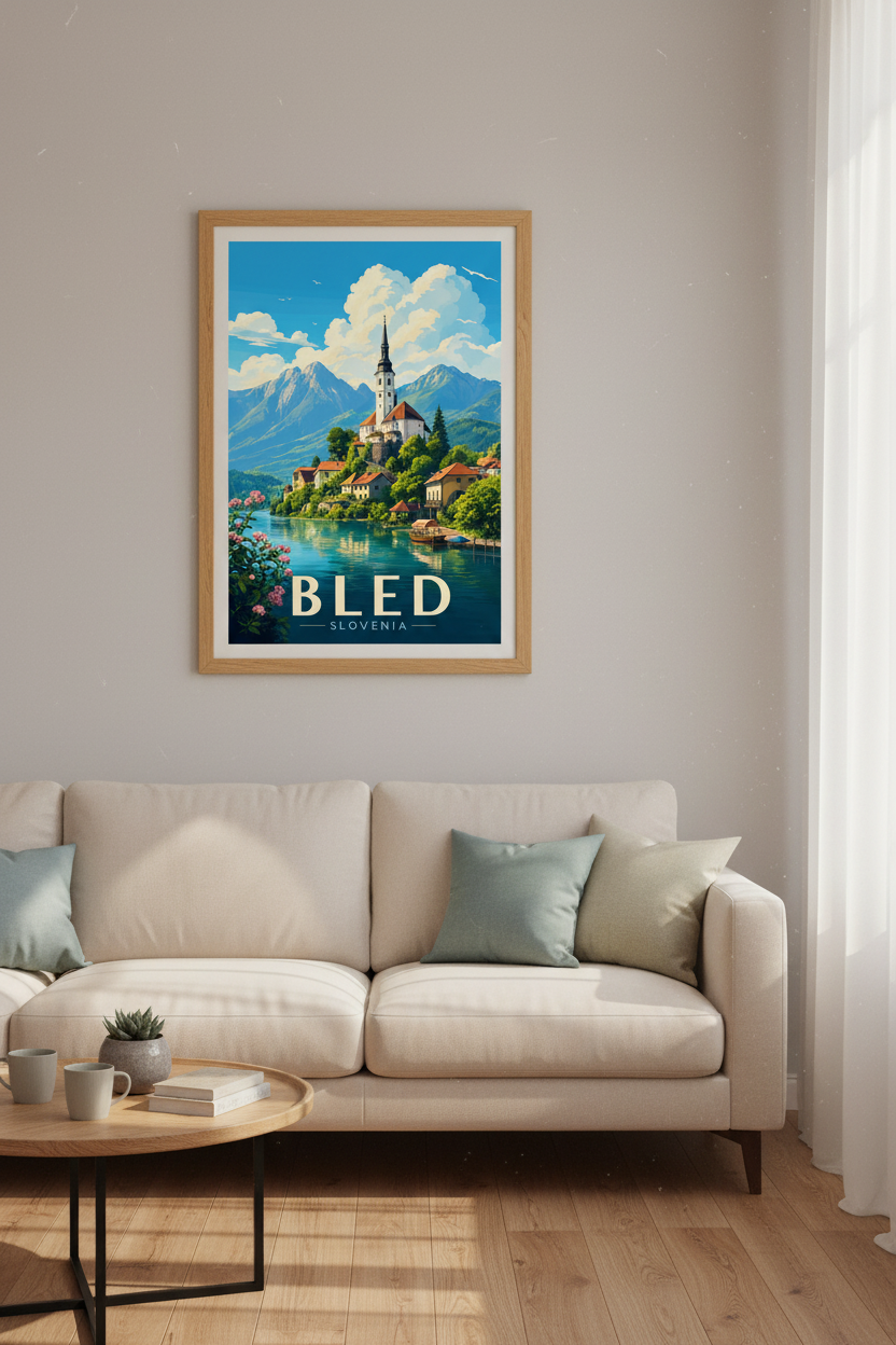 Lake Bled Slovenia Travel Poster | Alpine Landscape Print | Modern Scenic Wall Art