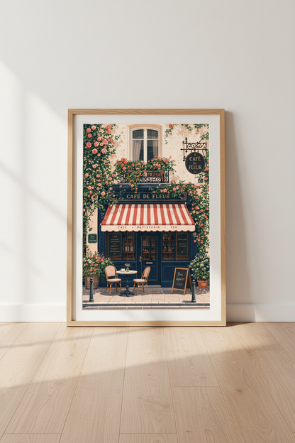 French Cafe Storefront Wall Art | Paris Flower Shop Decor | Romantic Poster