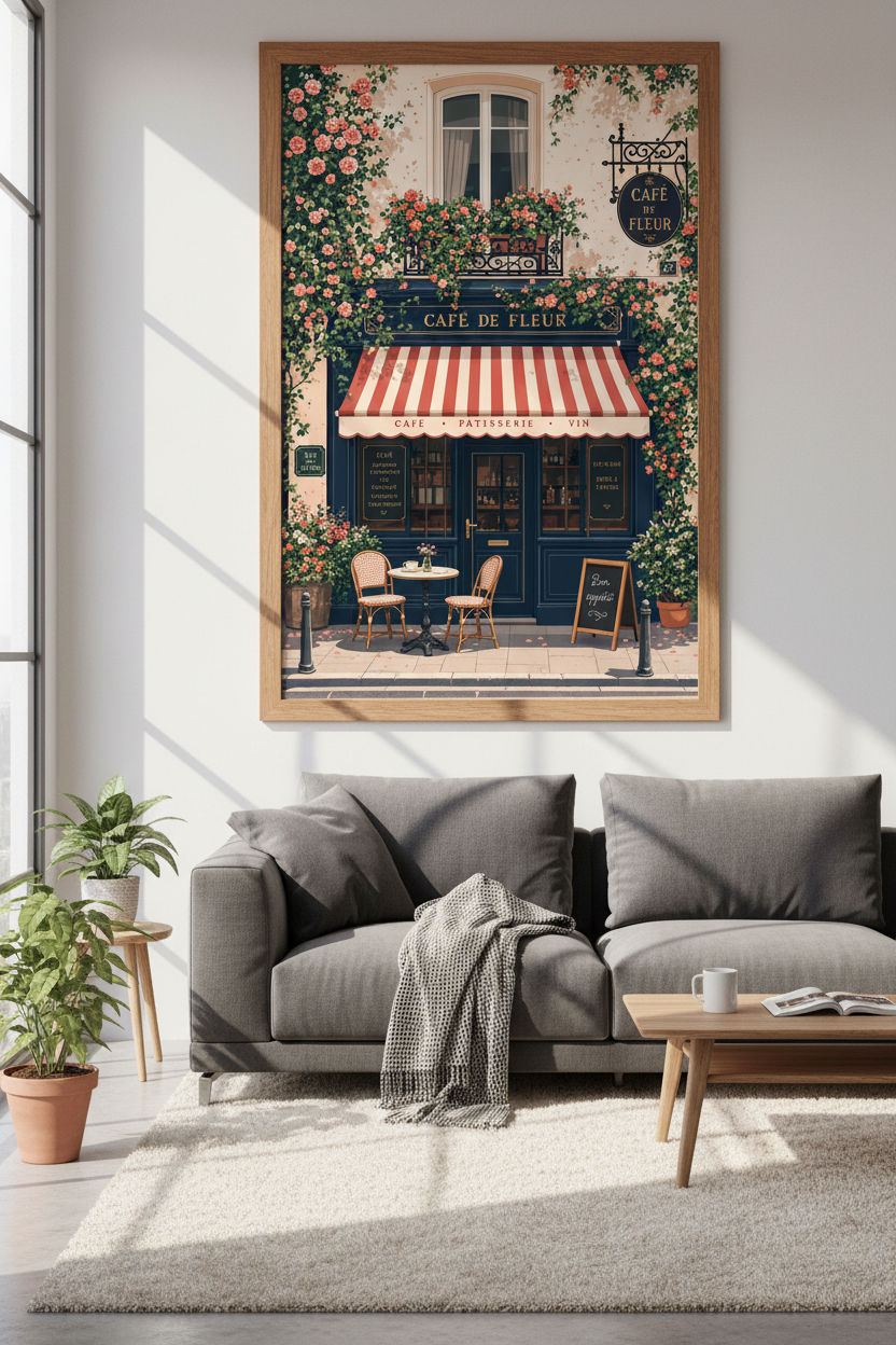 French Cafe Storefront Wall Art | Paris Flower Shop Decor | Romantic Poster