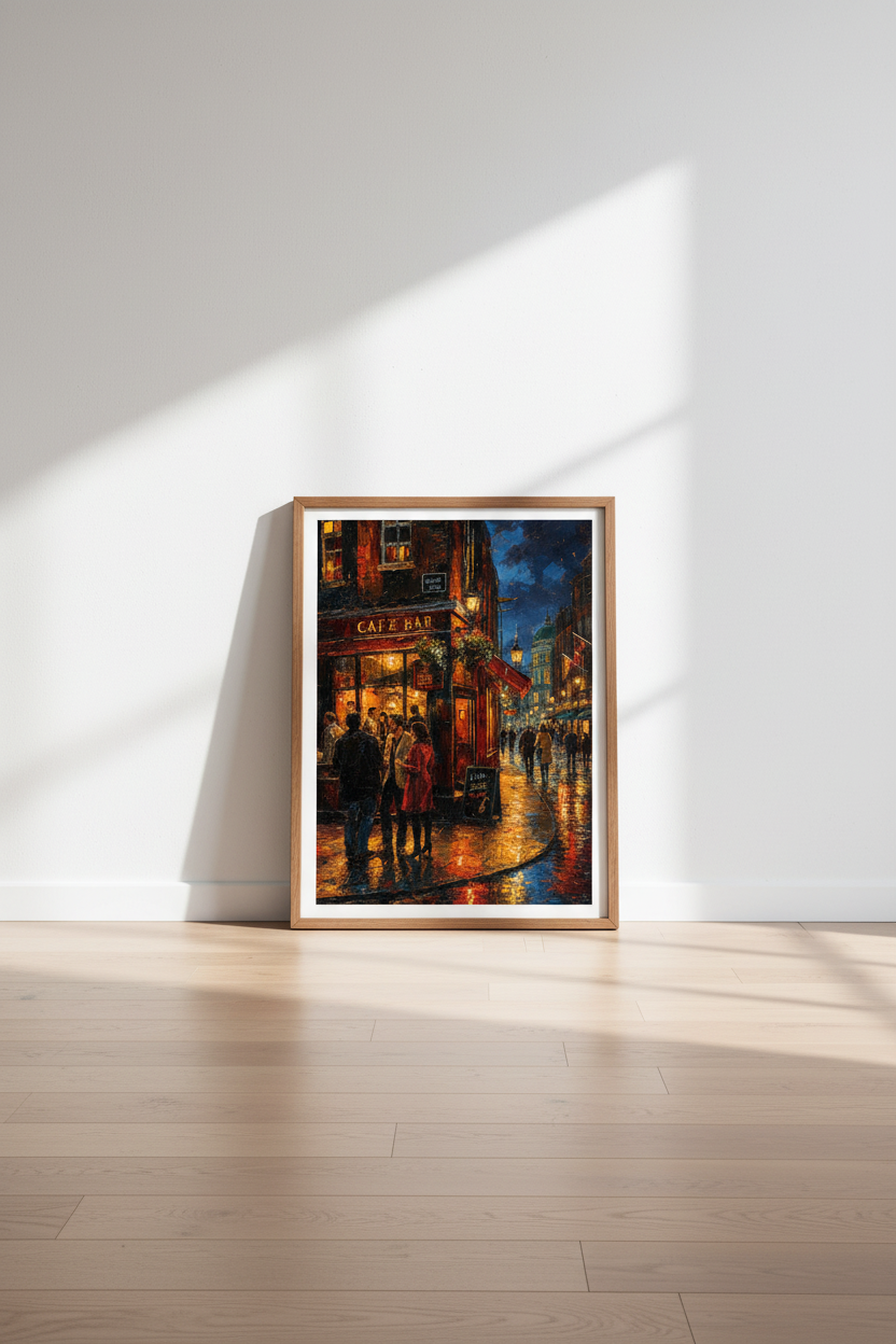 Night City Cafe Bar Wall Art | Moody Oil Painting Poster, Living Room Decor