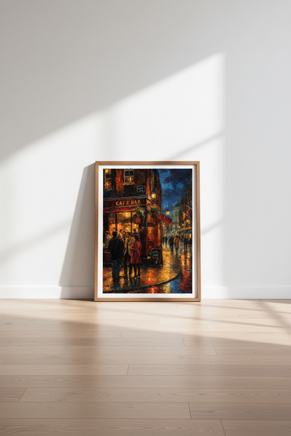 Night City Cafe Bar Wall Art | Moody Oil Painting Poster, Living Room Decor