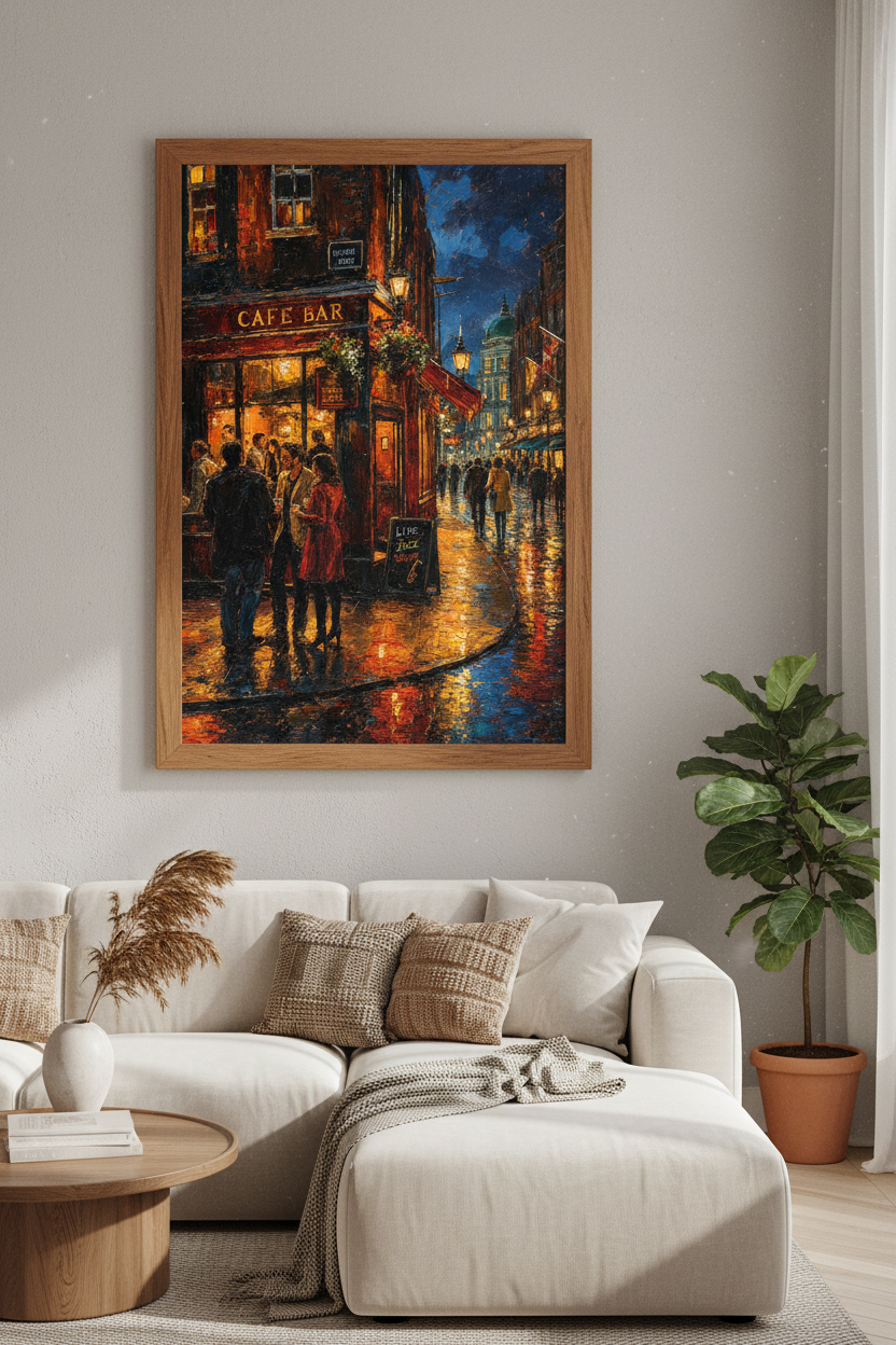 Night City Cafe Bar Wall Art | Moody Oil Painting Poster, Living Room Decor