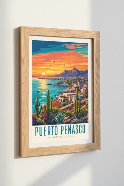 Puerto Peñasco Mexico Travel Poster | Retro Coastal Sunset Art | Desert Beach Decor