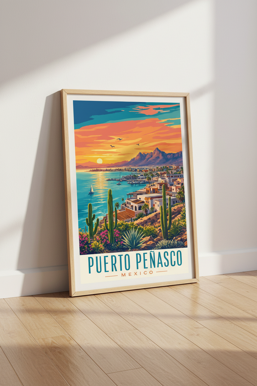 Puerto Peñasco Mexico Travel Poster | Retro Coastal Sunset Art | Desert Beach Decor