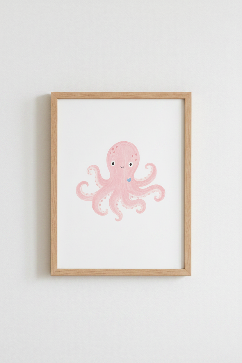 Pink Octopus Nursery Wall Art | Cute Sea Animal Kids Decor | Minimalist Poster