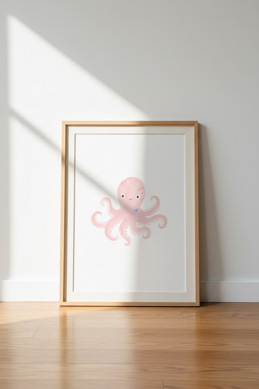 Pink Octopus Nursery Wall Art | Cute Sea Animal Kids Decor | Minimalist Poster