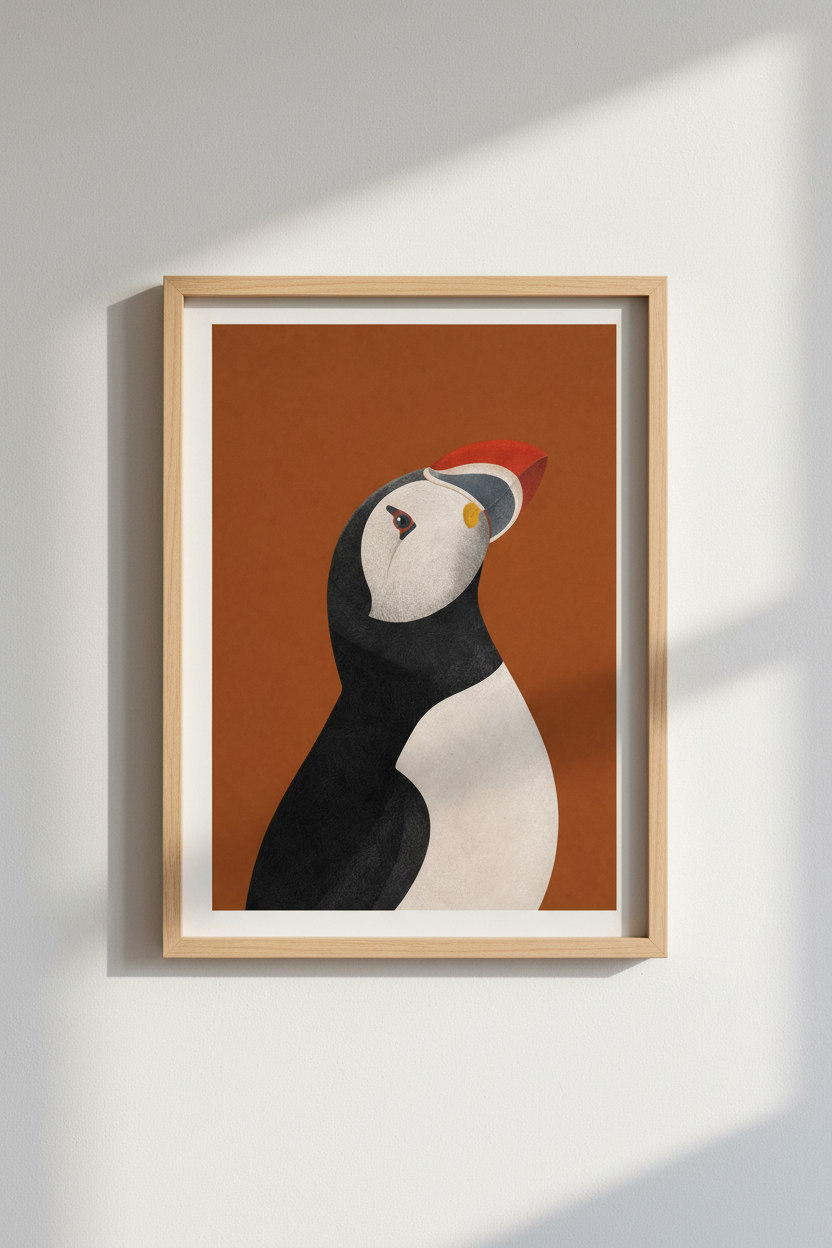 Puffin Bird Wall Art Print | Terracotta Mid Century Decor | Minimalist Poster