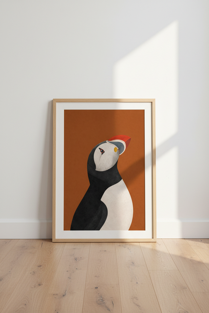 Puffin Bird Wall Art Print | Terracotta Mid Century Decor | Minimalist Poster