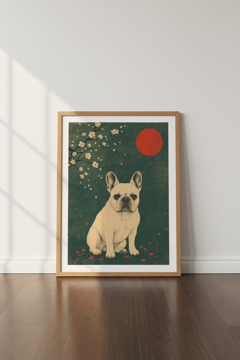 French Bulldog Art | Japanese Ukiyo-e Style Dog Print, Cherry Blossom Decor