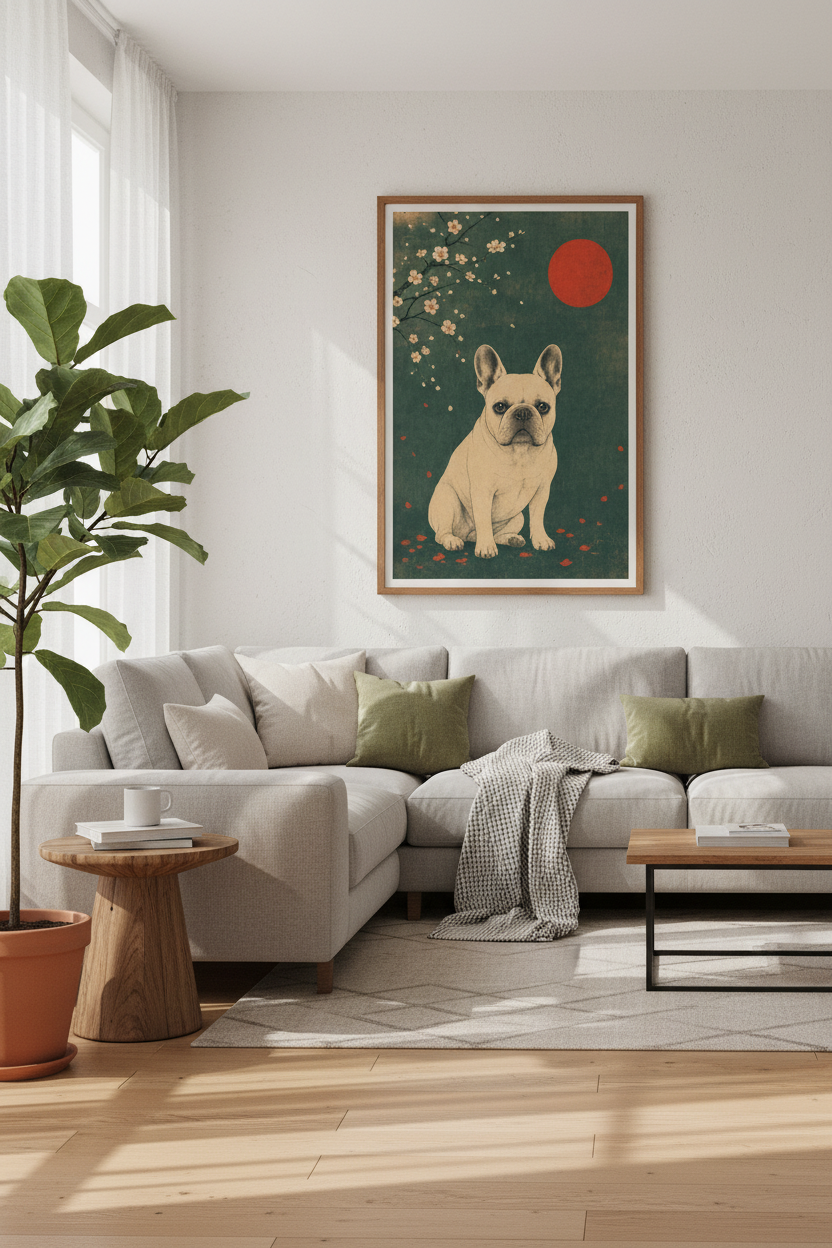 French Bulldog Art | Japanese Ukiyo-e Style Dog Print, Cherry Blossom Decor