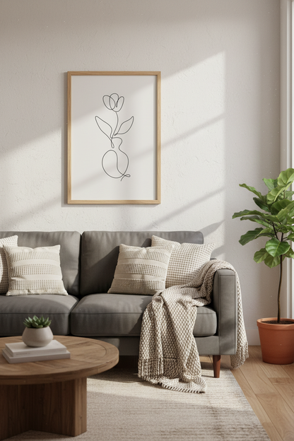 Flower in Vase Line Art | Minimalist Black &amp; Beige, Modern Bedroom Decor