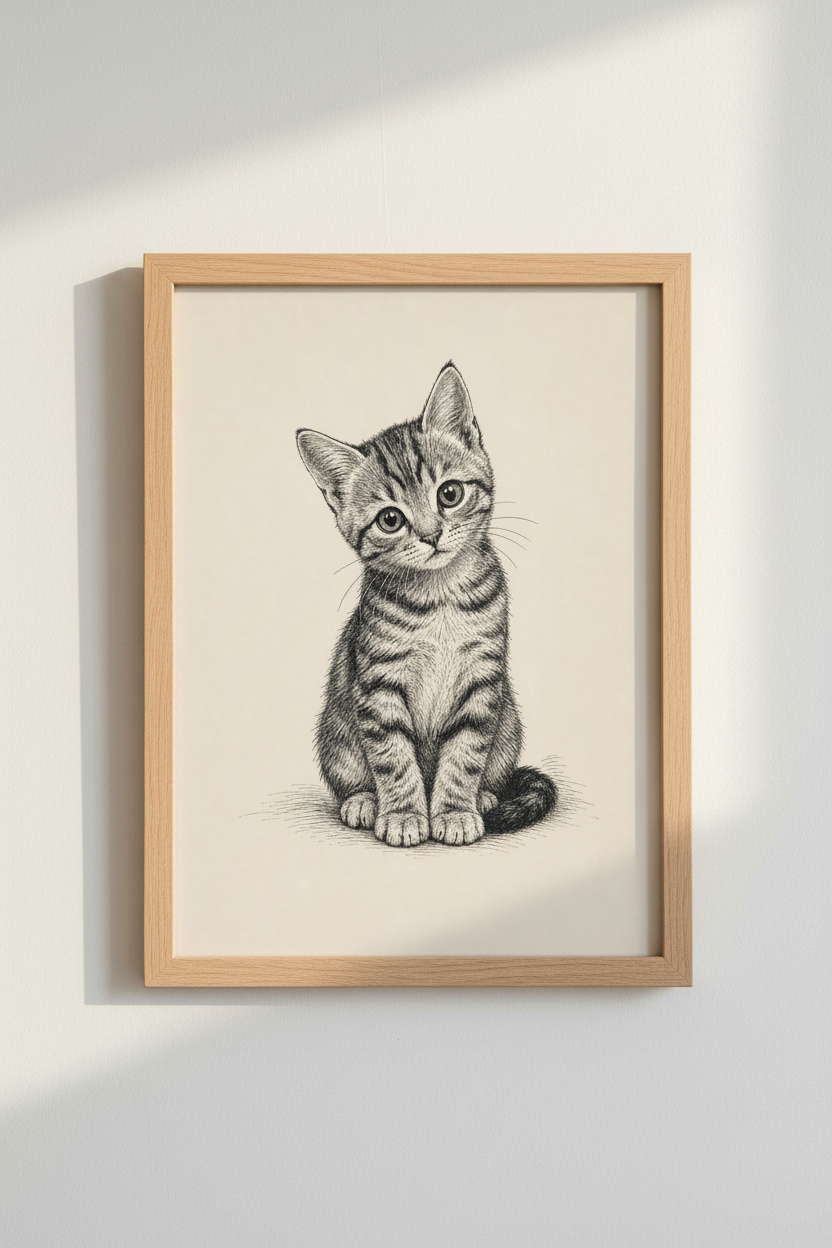 Tabby Kitten Ink Sketch | Vintage Black &amp; White Cat Art, Nursery Wall Decor