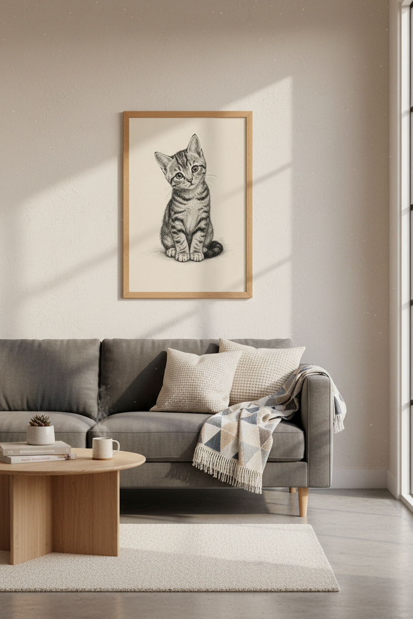 Tabby Kitten Ink Sketch | Vintage Black &amp; White Cat Art, Nursery Wall Decor