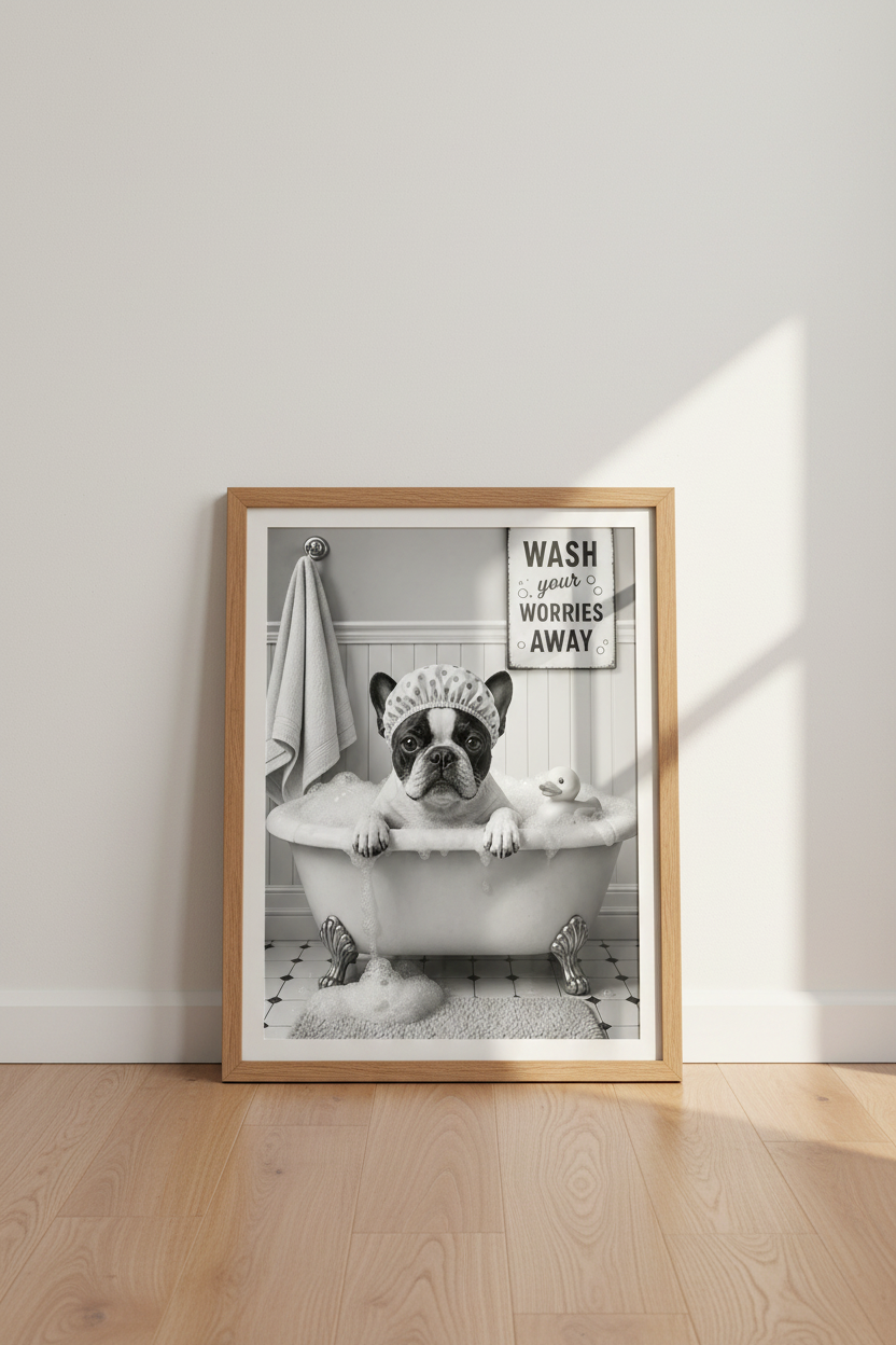 French Bulldog Bath Wall Art | Black and White Bathroom Decor | Funny Dog Poster