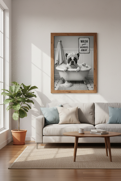 French Bulldog Bath Wall Art | Black and White Bathroom Decor | Funny Dog Poster