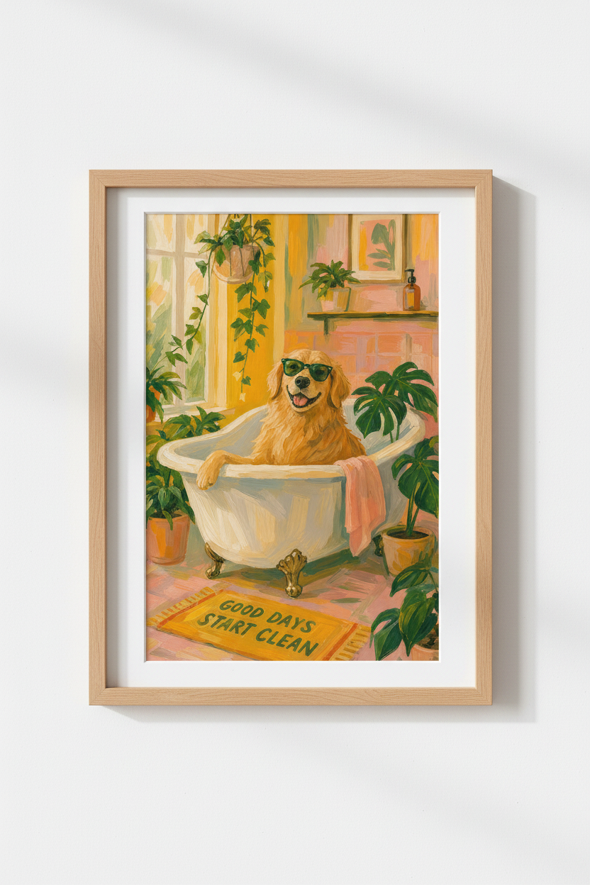 Golden Retriever in Bathtub Wall Art Print | Funny Bathroom Decor | Colorful Dog Poster