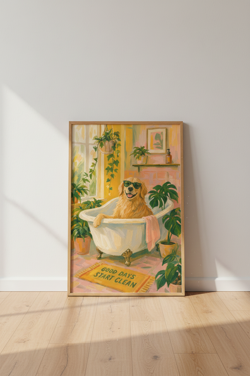 Golden Retriever in Bathtub Wall Art Print | Funny Bathroom Decor | Colorful Dog Poster