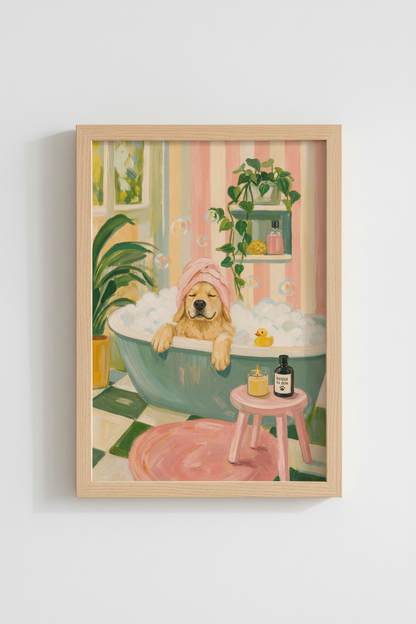 Dog in Bathtub Print | Golden Retriever Art Bathroom Decor | Whimsical Pastel Poster