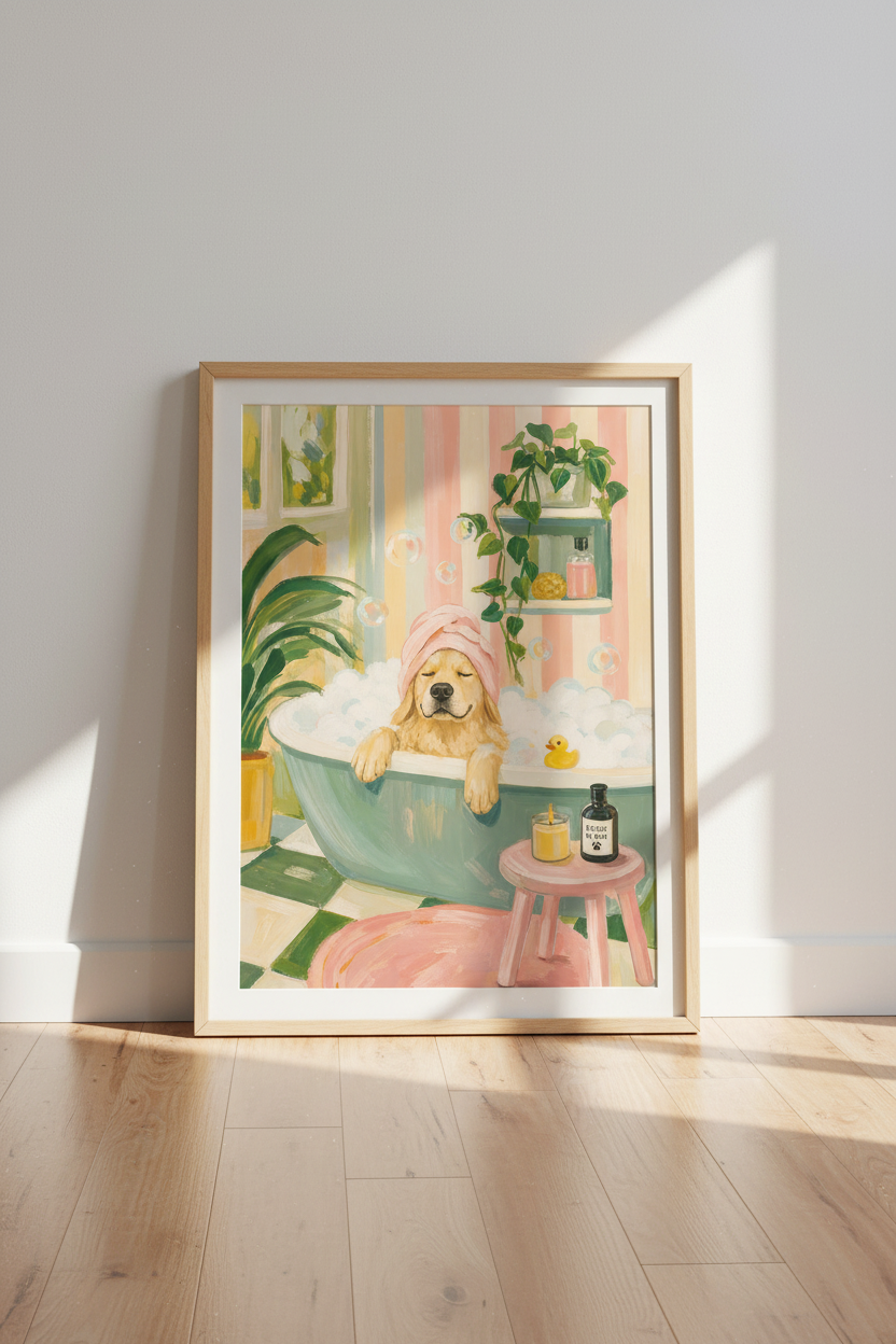 Dog in Bathtub Print | Golden Retriever Art Bathroom Decor | Whimsical Pastel Poster
