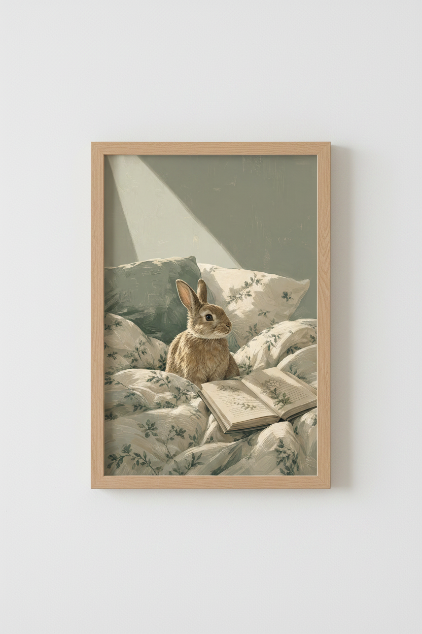 Whimsical Rabbit Reading | Sage Green Cottagecore Wall Art, Nursery Decor Poster