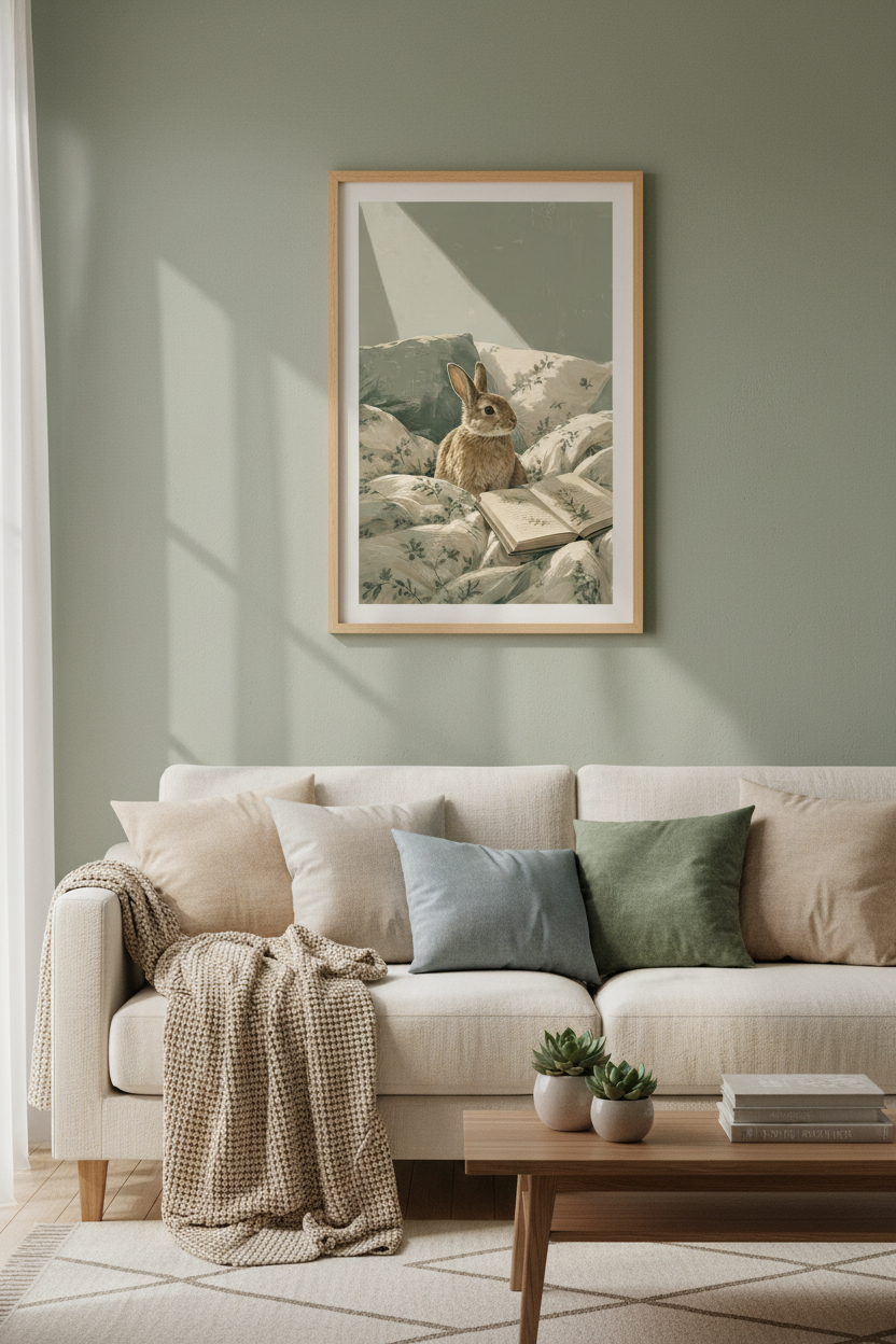 Whimsical Rabbit Reading | Sage Green Cottagecore Wall Art, Nursery Decor Poster