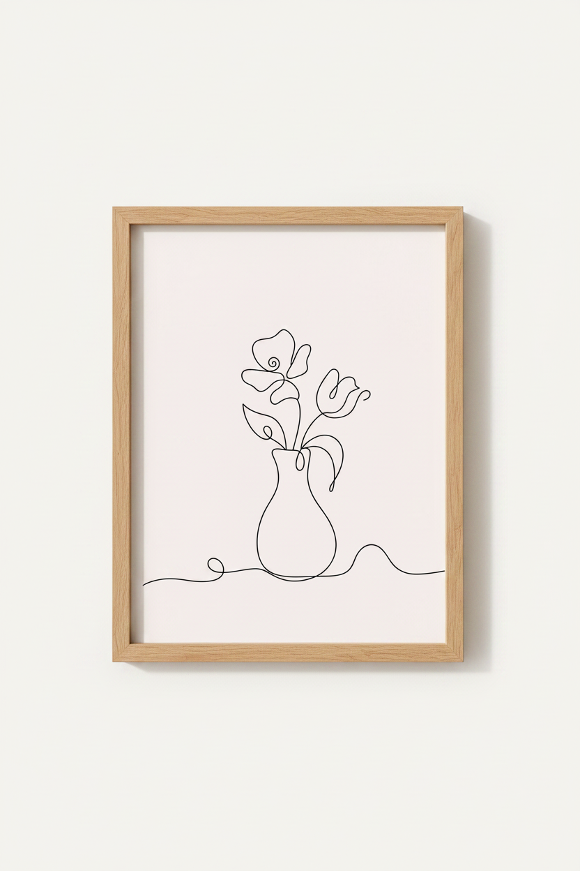Minimalist Floral Vase Line Art | Blush Pink Botanical Decor, Modern Living Room Poster