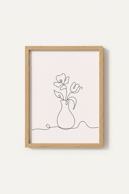 Minimalist Floral Vase Line Art | Blush Pink Botanical Decor, Modern Living Room Poster