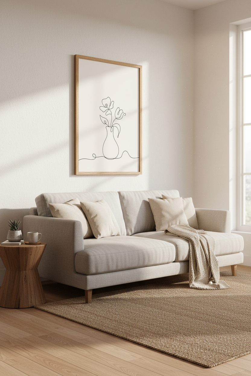 Minimalist Floral Vase Line Art | Blush Pink Botanical Decor, Modern Living Room Poster