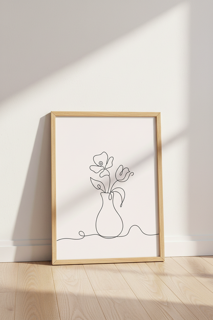 Minimalist Floral Vase Line Art | Blush Pink Botanical Decor, Modern Living Room Poster
