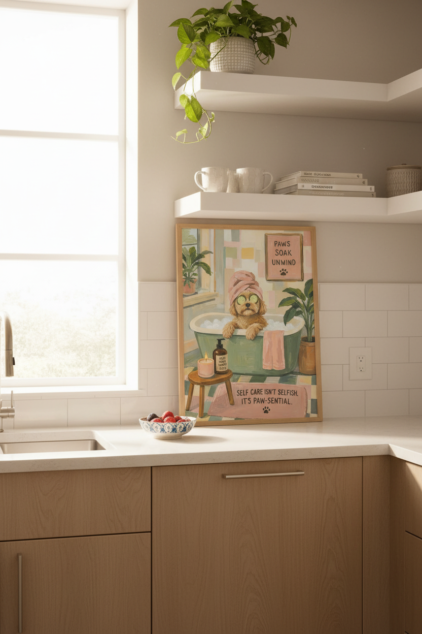 Funny Dog Bathroom Art | Poodle Spa Poster | Sage Green &amp; Pink Bathroom Decor