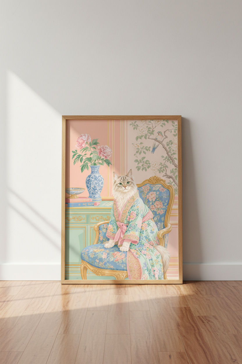 Chinoiserie Cat Wall Art | Pastel Floral Kimono Poster, Grandmillennial Decor
