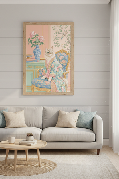 Chinoiserie Cat Wall Art | Pastel Floral Kimono Poster, Grandmillennial Decor