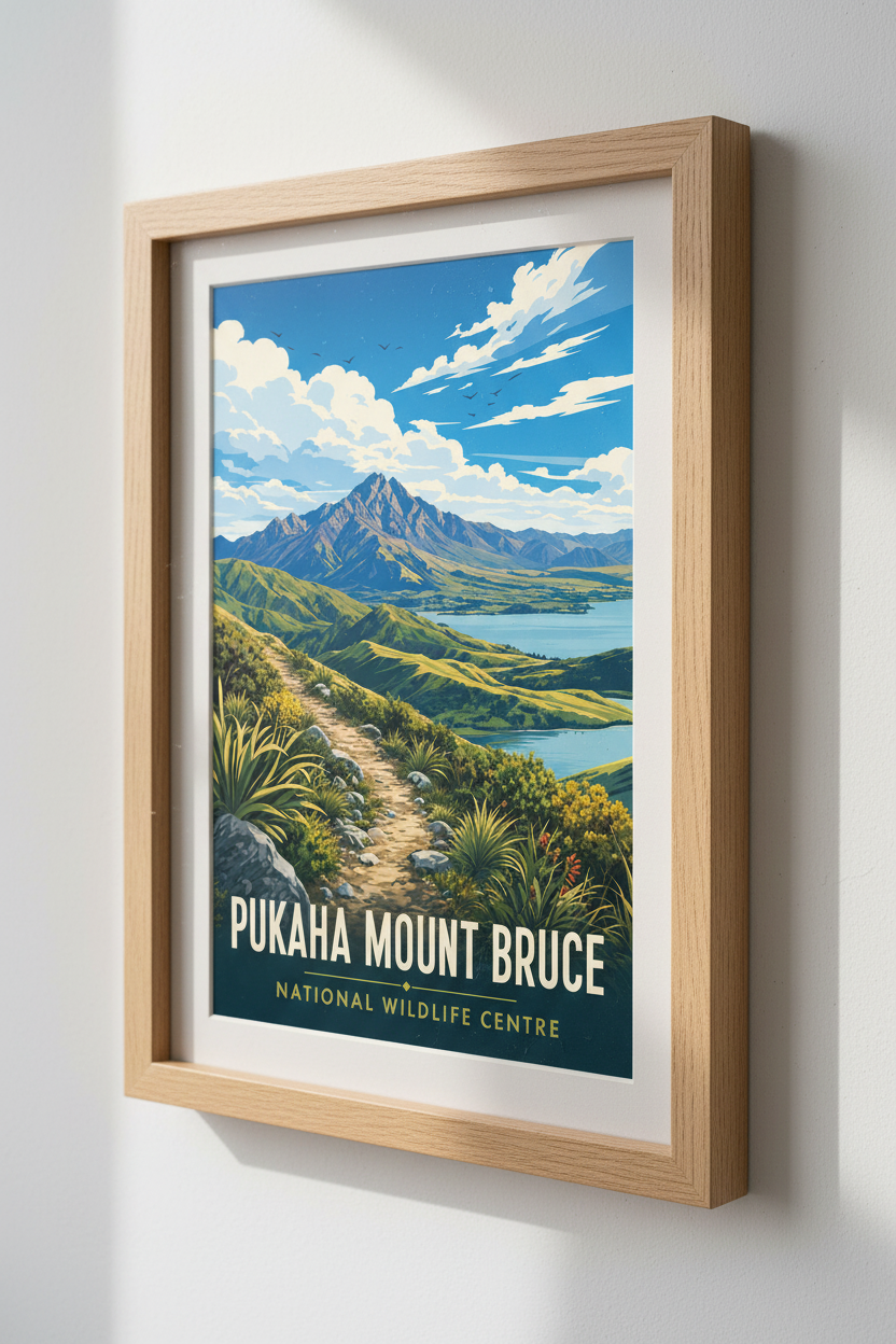 Pukaha Mount Bruce New Zealand Art | Vintage Travel Poster, Mountain Wall Decor