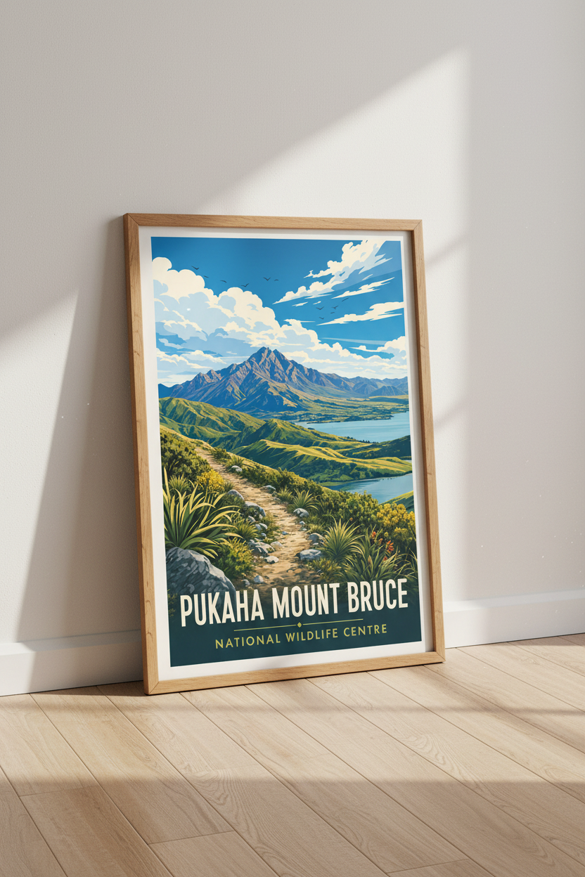 Pukaha Mount Bruce New Zealand Art | Vintage Travel Poster, Mountain Wall Decor