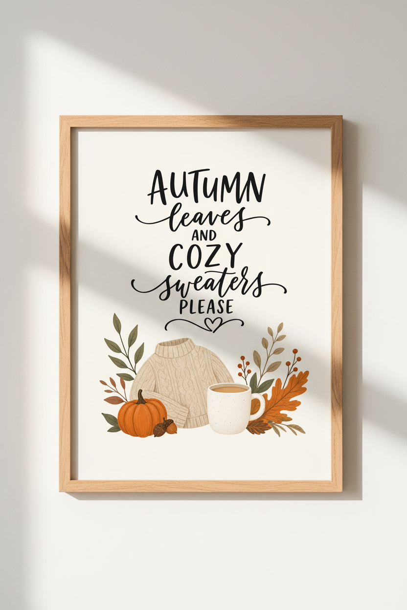 Autumn Leaves Quote Art | Cozy Sweater Fall Print, Seasonal Kitchen Decor