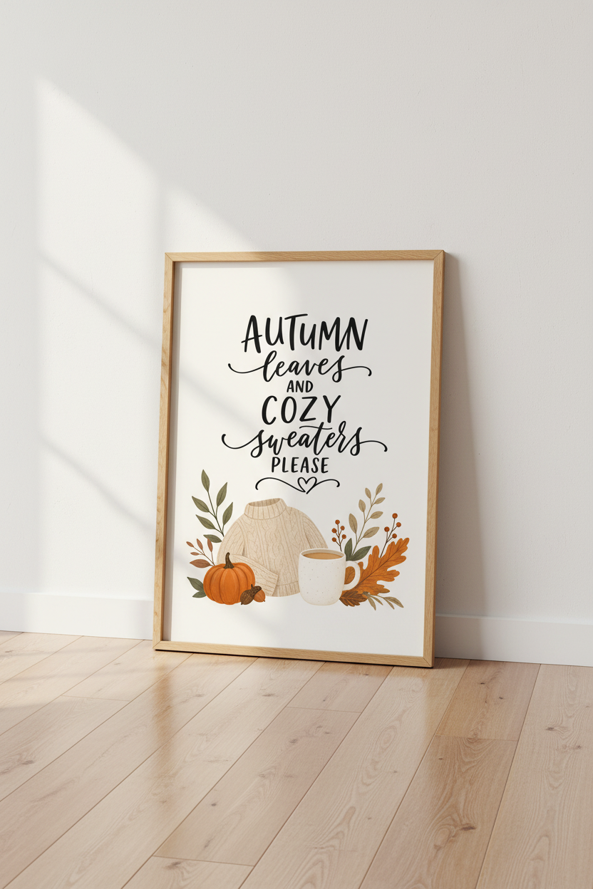 Autumn Leaves Quote Art | Cozy Sweater Fall Print, Seasonal Kitchen Decor